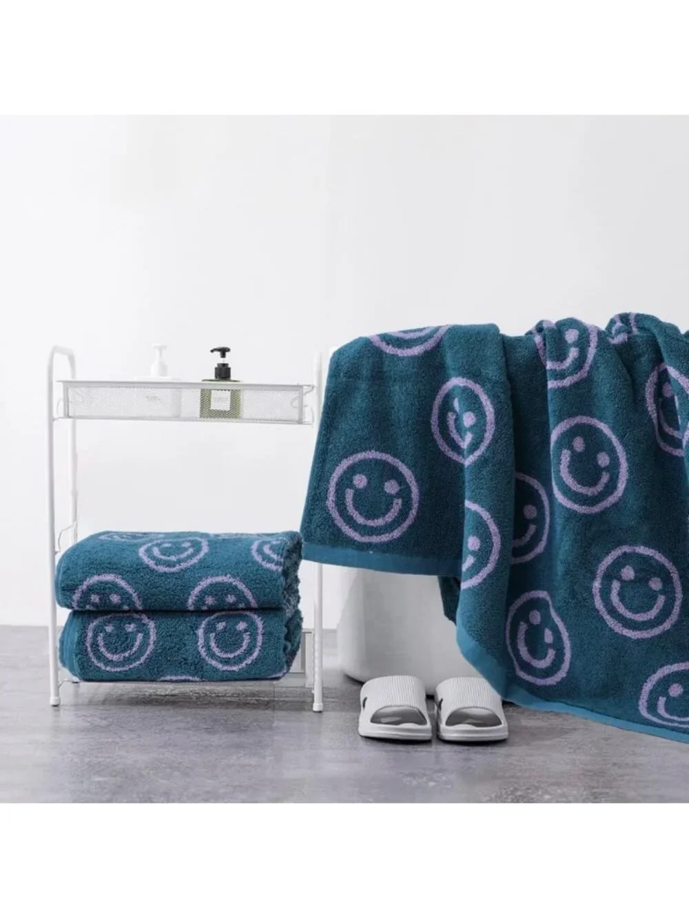 Soft 100% Cotton Luxury Smiley Face Bath Towel Set - Purple & Green Washcloths